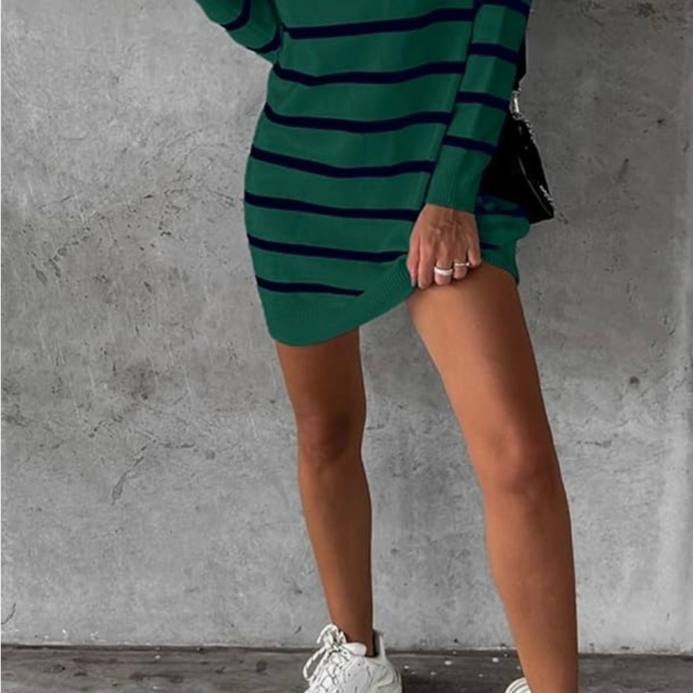 Striped Long Sleeve Mini Sweater Dress in Green and Navy